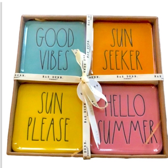 NWT HTF Rae Dunn Ceramic 4 Piece Boxed Bright Coasters Good Vibes Sun Seeker - Picture 1 of 7